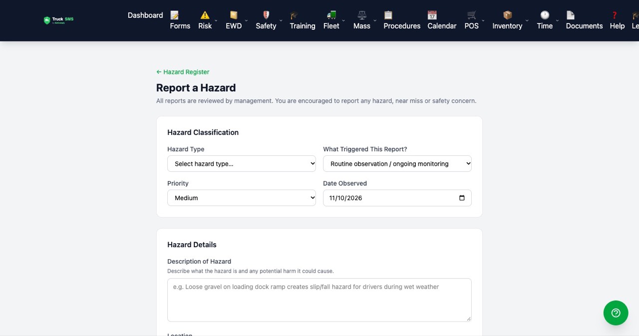 Form for recording a new hazard in Truck SMS