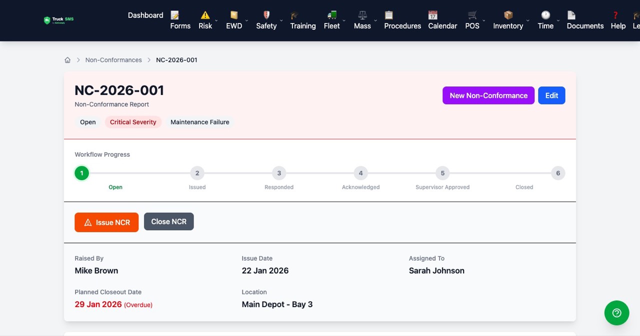 Non-conformance report showing its workflow, from open through to closed