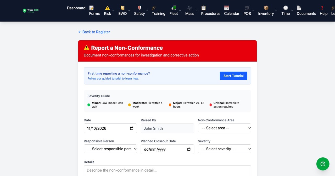 Report a non-conformance form, with a severity guide and a guided tutorial